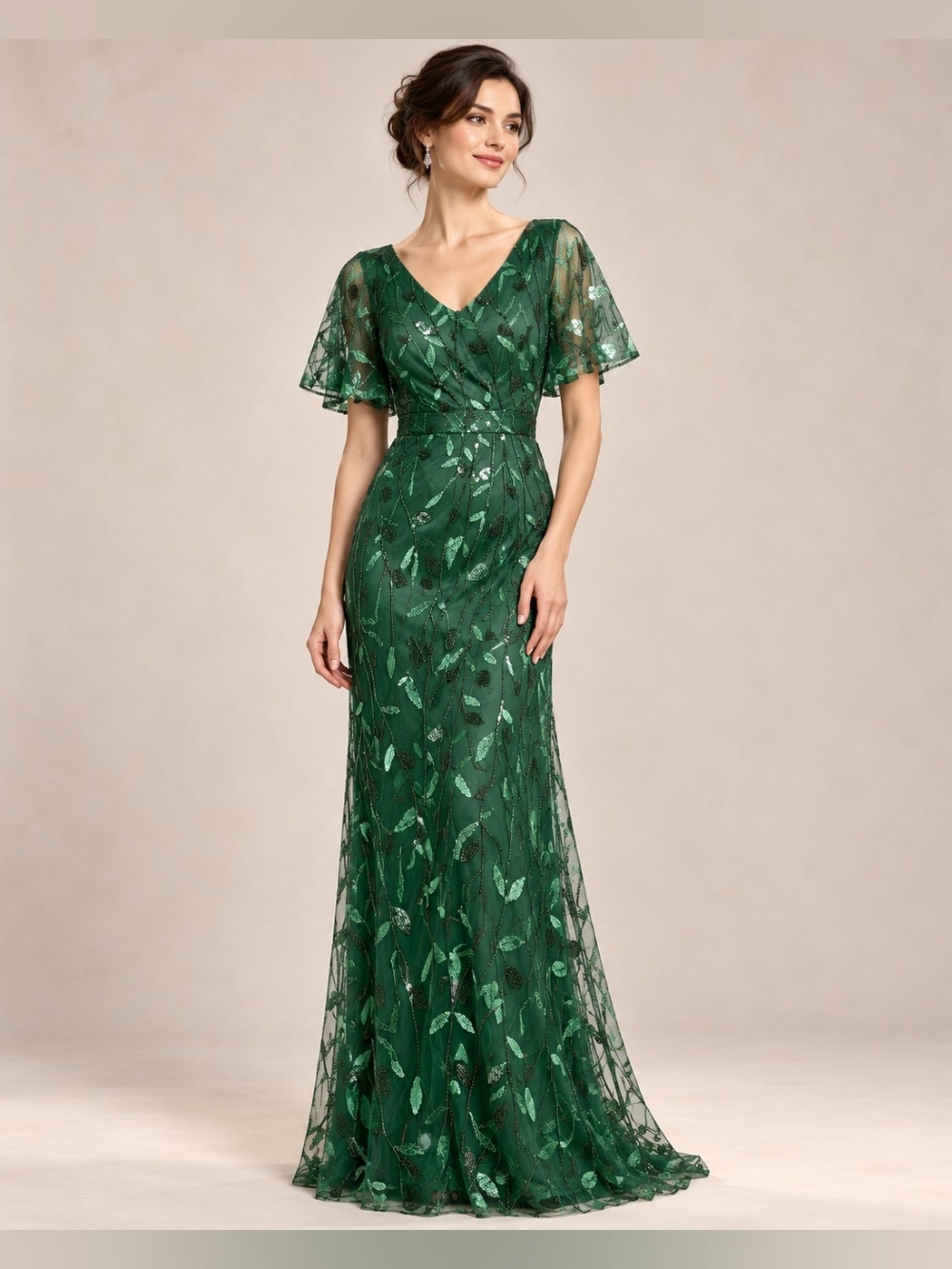 Green Sequin Embroidered Formal Maxi Dress Size 12